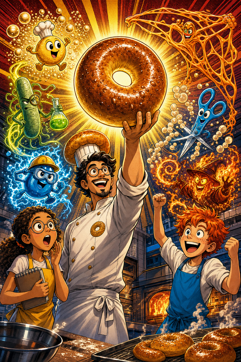 Comic cover: Chef Léo presents a glowing bagel surrounded by tiny chemistry superheroes, with Sarah and Matthew