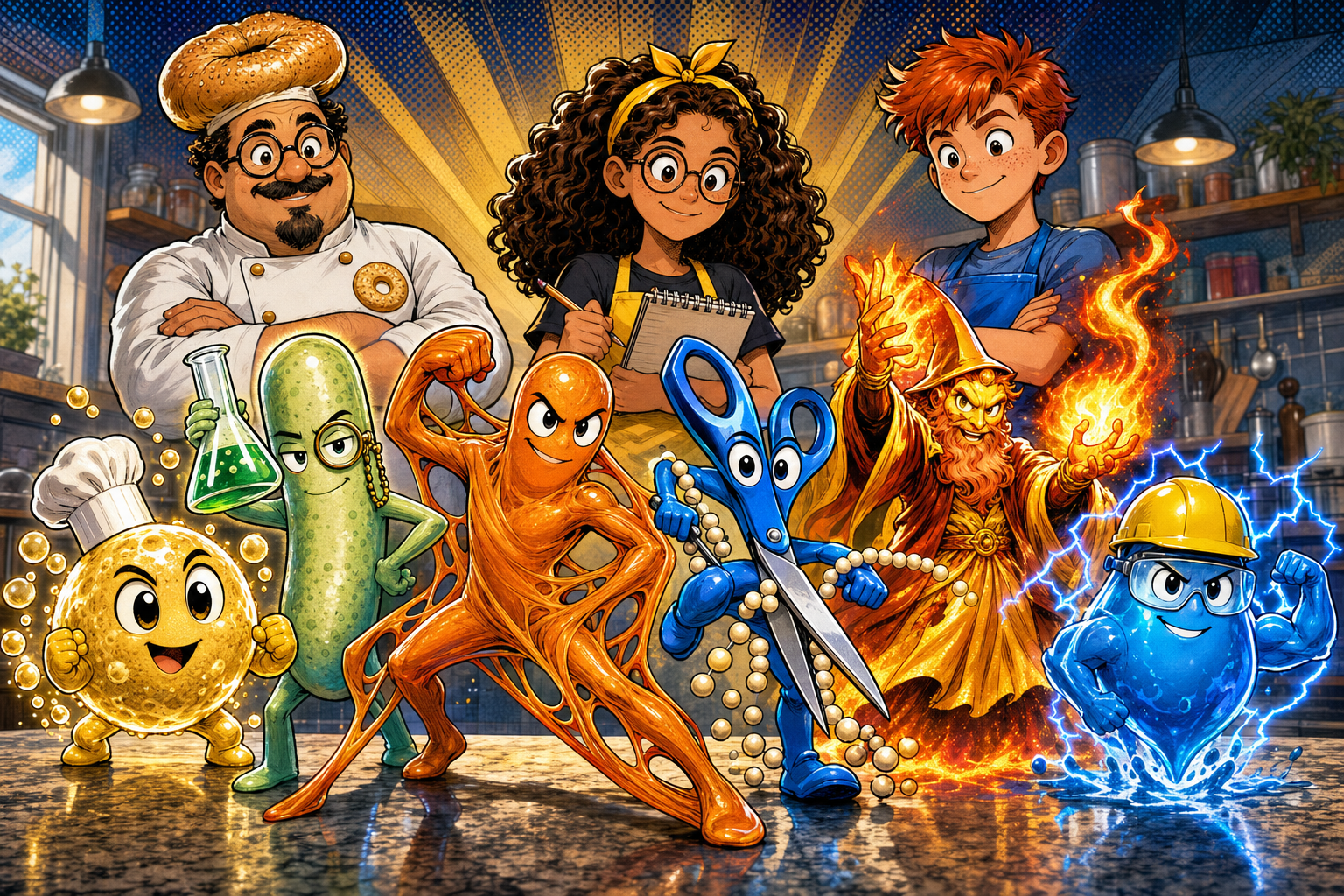 The six chemistry superhero microbes lined up like a team