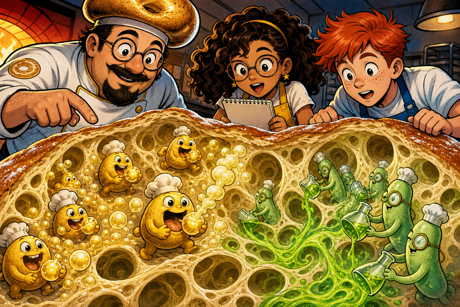 Cross-section of dough: Yeastie creatures eating sugar and burping CO2 bubbles, Lacto pouring acid, dough rising